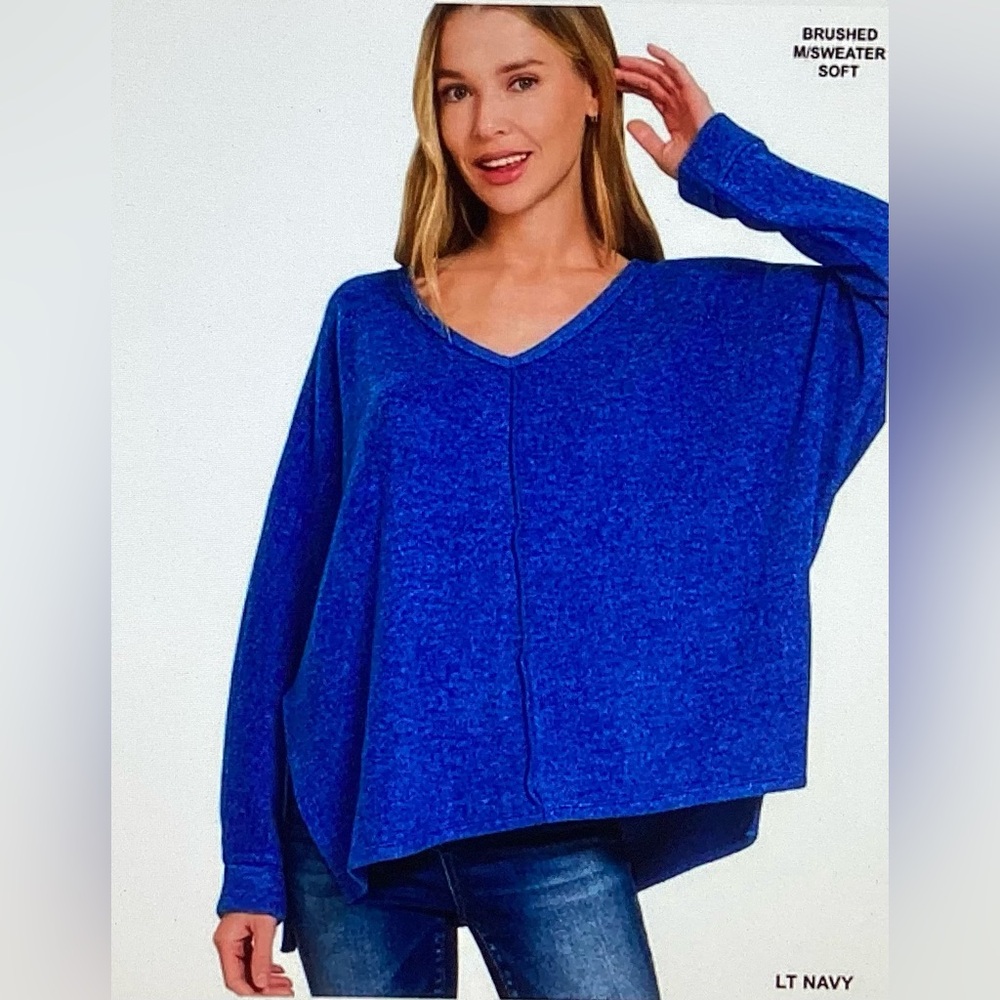 Zenana Light Navy Brushed Hacci Melange V-Neck Sweater
